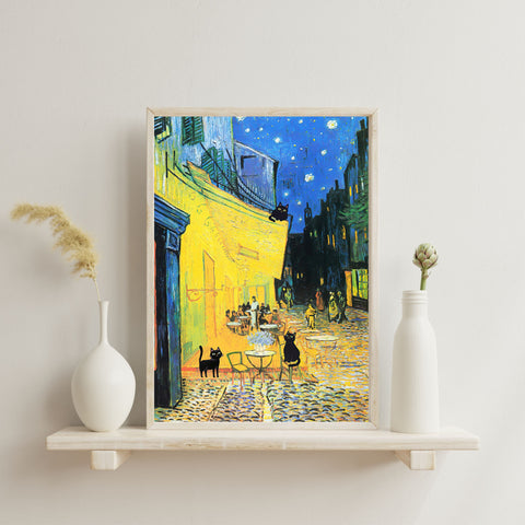 Vincent Van Gogh's Cafe Terrace at Night with 3 Black Cats Poster, Unframed Satin Poster