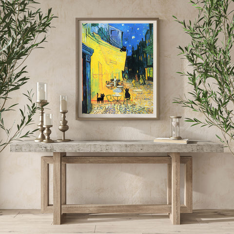 Vincent Van Gogh's Cafe Terrace at Night with 3 Black Cats Poster, Unframed Satin Poster