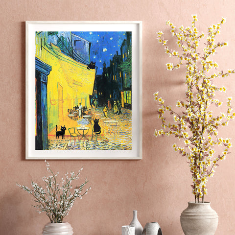 Vincent Van Gogh's Cafe Terrace at Night with 3 Black Cats Poster, Unframed Satin Poster