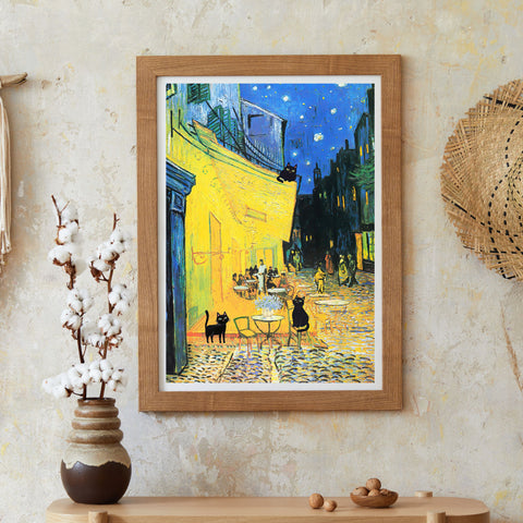 Vincent Van Gogh's Cafe Terrace at Night with 3 Black Cats Poster, Unframed Satin Poster