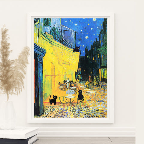 Vincent Van Gogh's Cafe Terrace at Night with 3 Black Cats Poster, Unframed Satin Poster