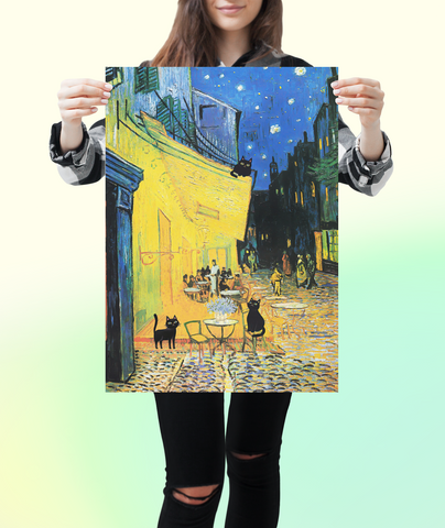 Vincent Van Gogh's Cafe Terrace at Night with 3 Black Cats Poster, Unframed Satin Poster