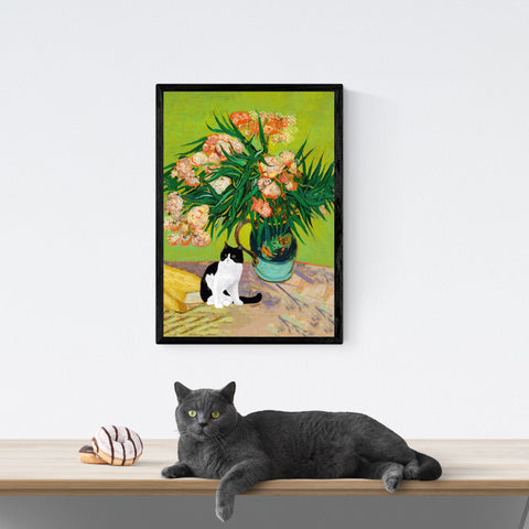 Van Gogh Oleanders Cat Print, Black & White Cat Print, Unframed Satin Poster