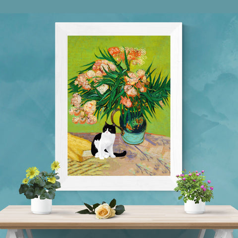 Van Gogh Oleanders Cat Print, Black & White Cat Print, Unframed Satin Poster