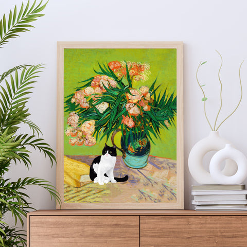 Van Gogh Oleanders Cat Print, Black & White Cat Print, Unframed Satin Poster