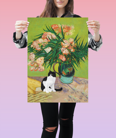 Van Gogh Oleanders Cat Print, Black & White Cat Print, Unframed Satin Poster