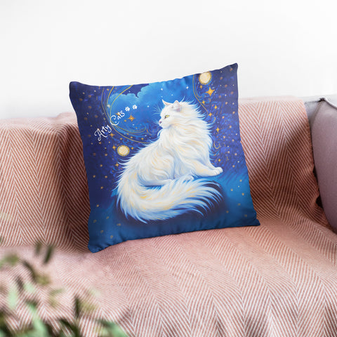 Celestial Cat at Midnight with a Starry Sky, Arty Cats Spun Polyester Square Pillow