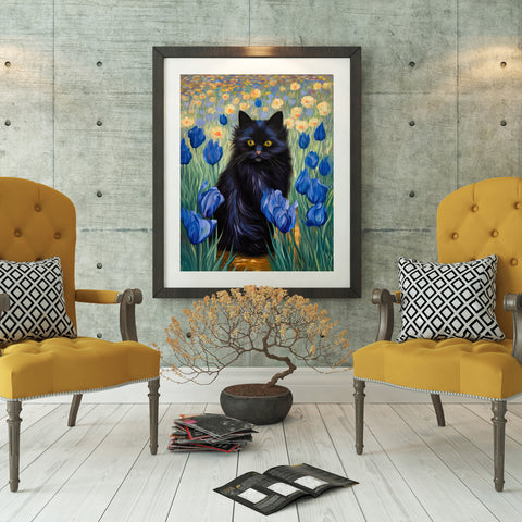 The Cute Black Cat Among Irises, Cat Art Unframed Satin Poster