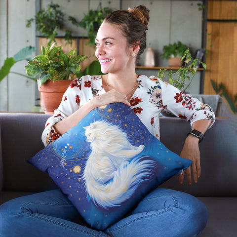 Celestial Cat at Midnight with a Starry Sky, Arty Cats Spun Polyester Square Pillow