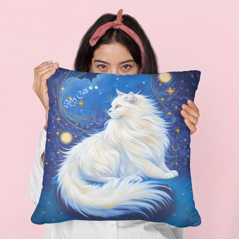 Celestial Cat at Midnight with a Starry Sky, Arty Cats Spun Polyester Square Pillow