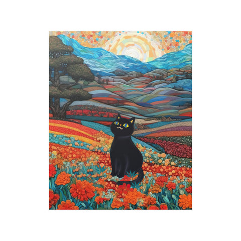 Joyful Cat in the Wonderful Flower Valley, Cute Black Cat Art, Unframed Satin Poster