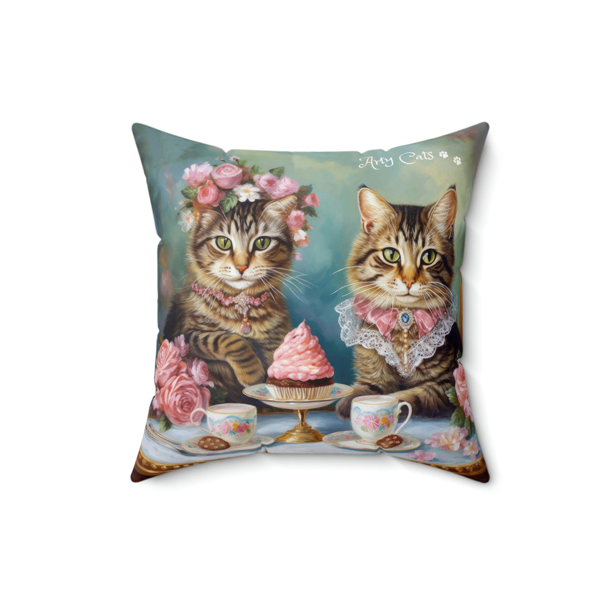 Two Cats in Paris Having Tea And Cakes at Little Posh Cafe, Spun Polyester Square Pillow