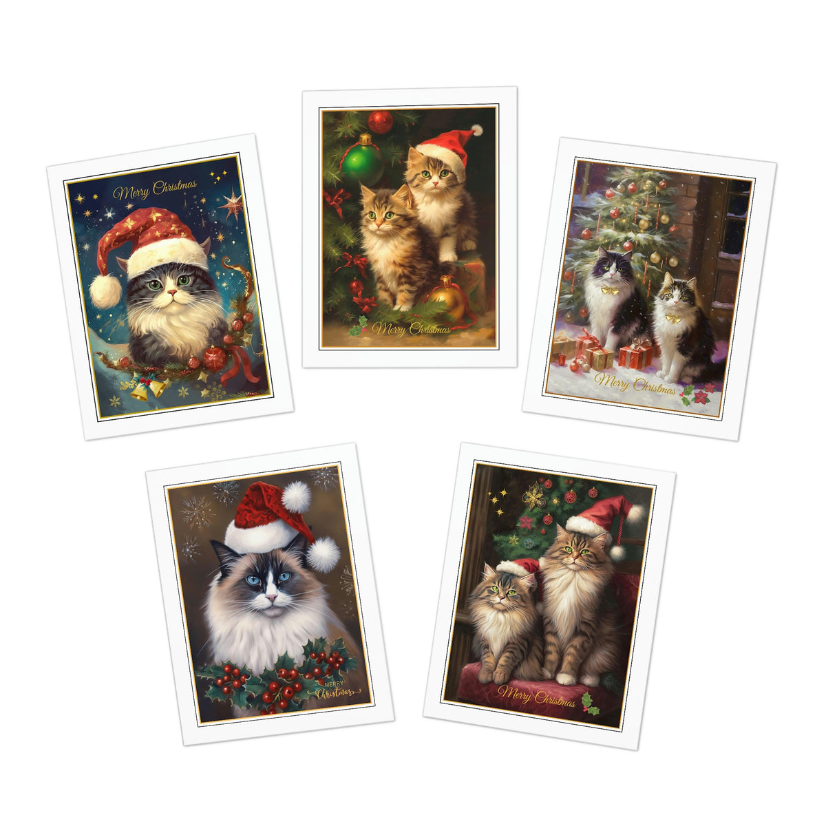 Joyful Cats Christmas Greeting Cards, Vintage Inspired Arty Cats Cards, Multi-Design Greeting Cards (5-Pack)