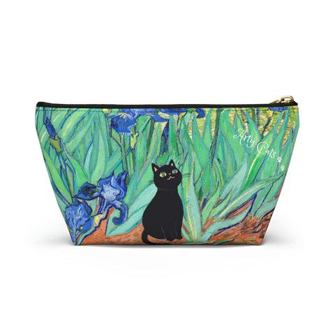 Van Gogh Irises with Adorable Black Cat, Cat Lover Gift Bag, All purpose Accessory Pouch