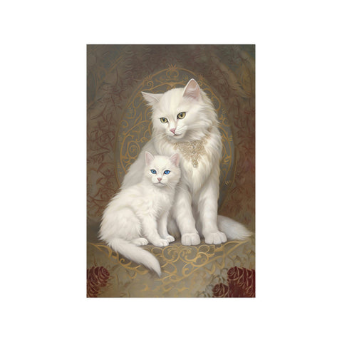 Mom Cat and her Kitten, White Cats Art Poster, Unframed Printed Satin Poster