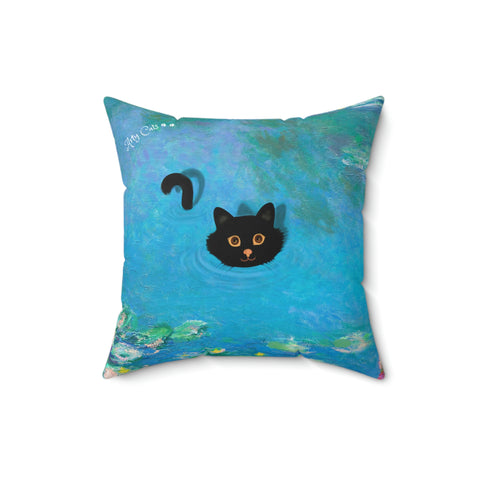 Monet Water Lily Swimming Cat, Arty Cats, Cat Lover Gift, Unique Art Print Spun Polyester Square Pillow