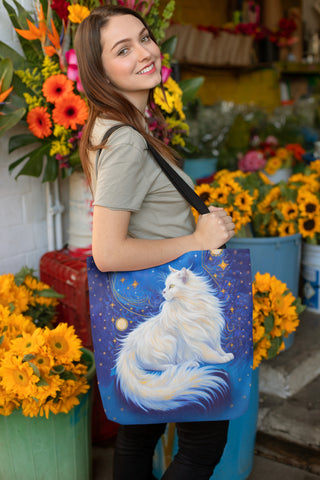 Celestial Cat at Midnight with a Starry Sky, all Purpose Designer Tote Bag