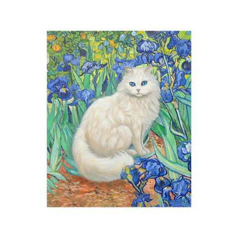 White Cat With Van Gogh Irises, White Cat Poster, Beautiful Cat Art, Printed Unframed Poster