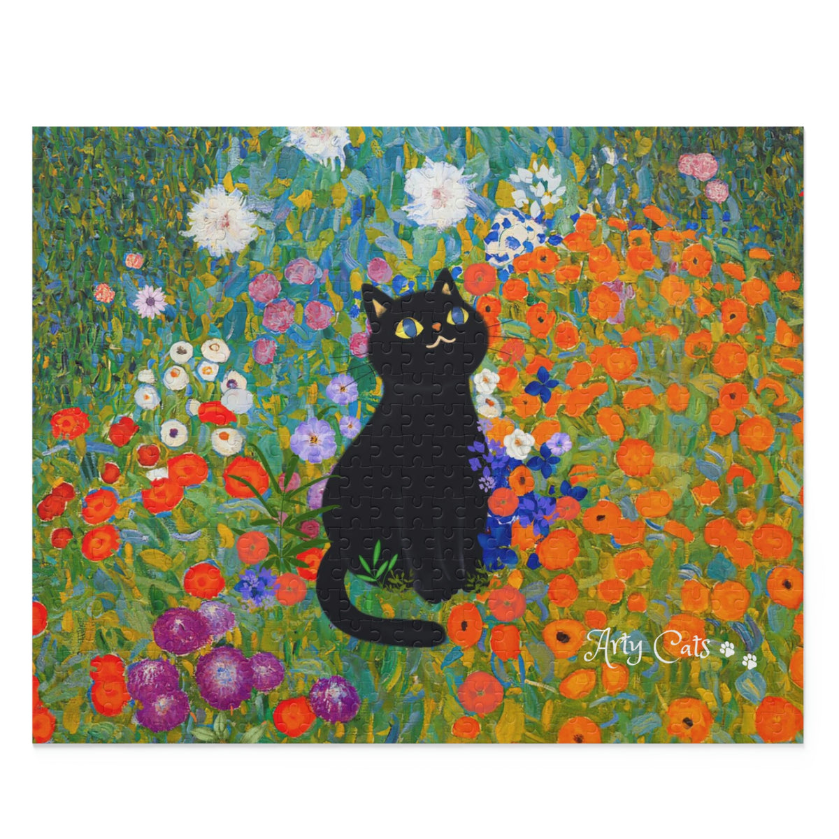 Gustav Klimt Cottage Garden with Adorable Black Cat, Puzzle 500-Piece