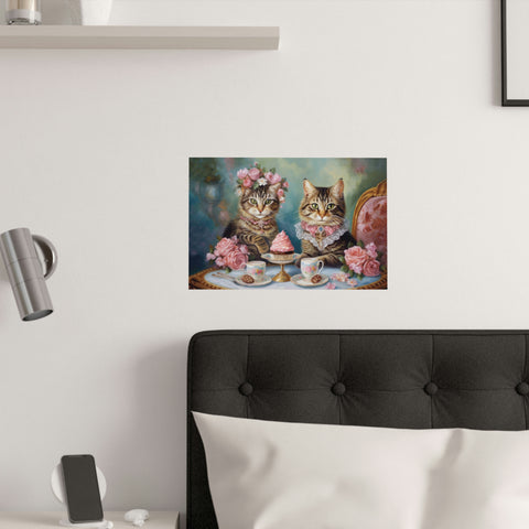 Two Cats in Paris Having Tea And Cakes at Little Posh Cafe, Unframed Printed Satin Posters (210gsm)