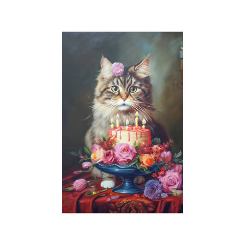 The Birthday Cat, Cat Art Print, Unframed Satin Poster