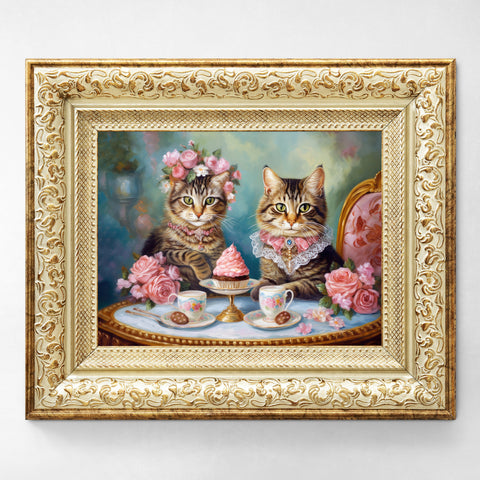 Two Cats in Paris Having Tea And Cakes at Little Posh Cafe, Unframed Printed Satin Posters (210gsm)