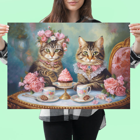 Two Cats in Paris Having Tea And Cakes at Little Posh Cafe, Unframed Printed Satin Posters (210gsm)