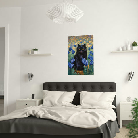 The Cute Black Cat Among Irises, Cat Art Unframed Satin Poster