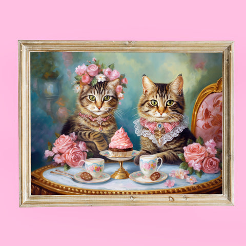 Two Cats in Paris Having Tea And Cakes at Little Posh Cafe, Unframed Printed Satin Posters (210gsm)