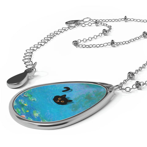 Monet's Water Lily Pond with the Swimming Cat, Claude Monet Art Painting, Adorable Cat Jewelry Oval Necklace