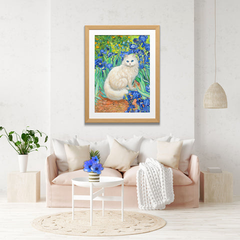 White Cat With Van Gogh Irises, White Cat Poster, Beautiful Cat Art, Printed Unframed Poster