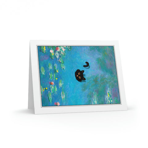 Water Lilies with the Swimming Cat, Claude Monet Art Painting Greeting Card, Set of 8 of Cards & Evelopes