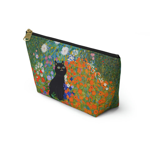 Klimt Cottage Garden with adorable cat. Arty Cat Lover bag, All purpose Accessory Pouch