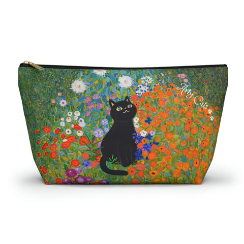 Klimt Cottage Garden with adorable cat. Arty Cat Lover bag, All purpose Accessory Pouch