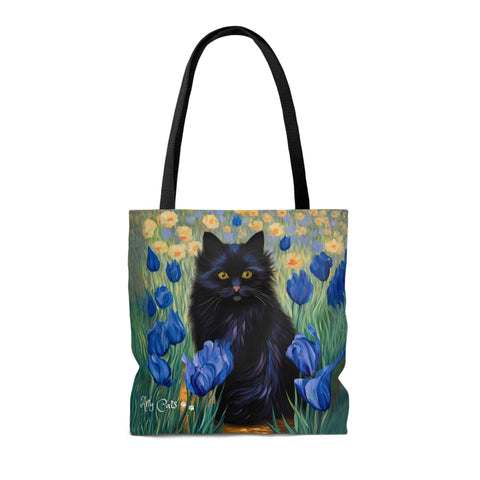 Cute Black Cat Among Irises, Designer Tote Bag