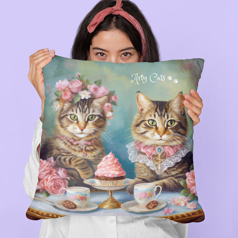 Two Cats in Paris Having Tea And Cakes at Little Posh Cafe, Spun Polyester Square Pillow