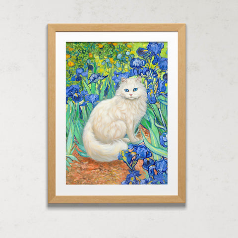 White Cat With Van Gogh Irises, White Cat Poster, Beautiful Cat Art, Printed Unframed Poster