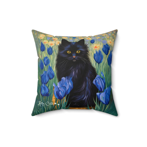 Cute Black Cat Among Irises, Art Print Cushion Pillow