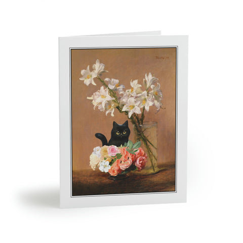 Roses and Lilies in the Vase with a Cat, Henri Fantin Latour Art Painting Greeting Card, Set of 8 of Cards & Evelopes