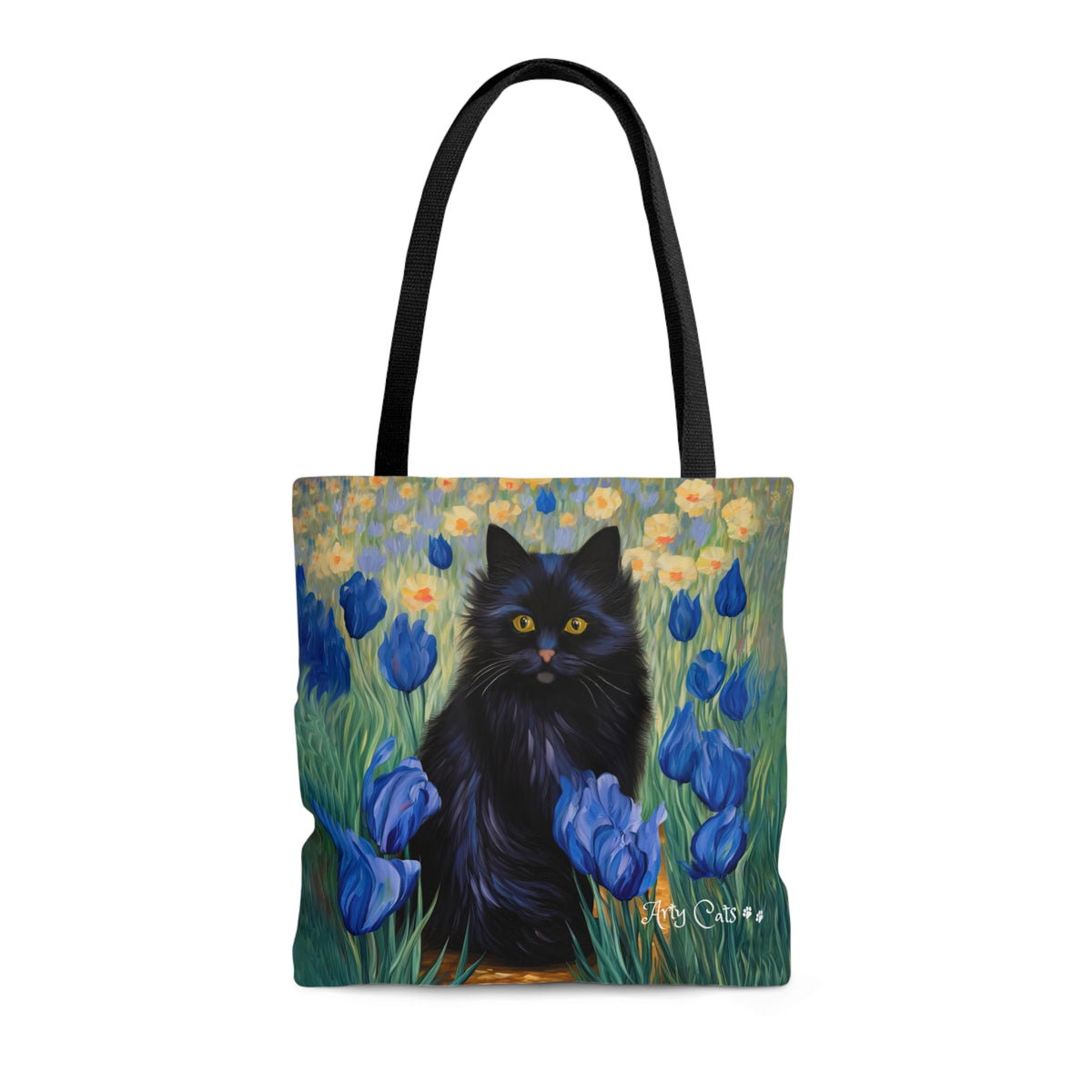 Cute Black Cat Among Irises, Designer Tote Bag