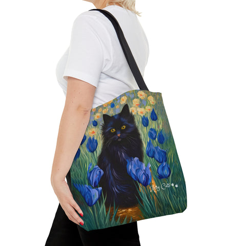 Cute Black Cat Among Irises, Designer Tote Bag