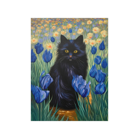 The Cute Black Cat Among Irises, Cat Art Unframed Satin Poster