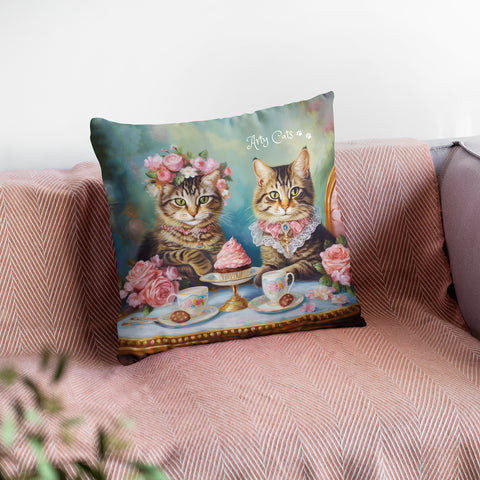 Two Cats in Paris Having Tea And Cakes at Little Posh Cafe, Spun Polyester Square Pillow