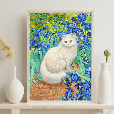 White Cat With Van Gogh Irises, White Cat Poster, Beautiful Cat Art, Printed Unframed Poster