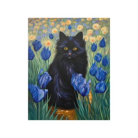 The Cute Black Cat Among Irises, Cat Art Unframed Satin Poster