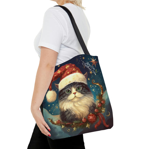 Christmas Cat Tote Bag, Vintage Style all Purpose Designer Tote Bag