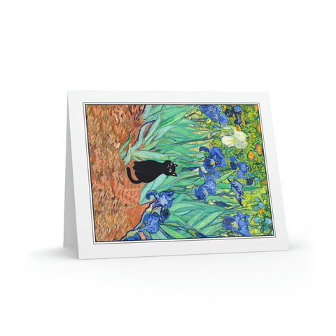 Van Gogh Irises with Adorable Black Cat Art Painting Greeting Card, Set of 8 of Cards & Evelopes