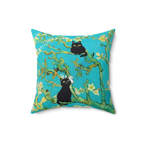 Van Gogh Almond Blossoms with Two Adorable Arty Cats, Cat Lover Gift, Unique Art Print Spun Polyester Square Pillow