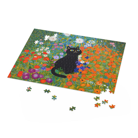 Gustav Klimt Cottage Garden with Adorable Black Cat, Puzzle 500-Piece