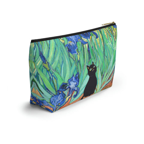 Van Gogh Irises with Adorable Black Cat, Cat Lover Gift Bag, All purpose Accessory Pouch